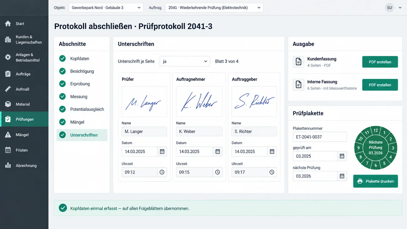 Maske: Protokollabschluss mit rollenbezogenen Unterschriften und zwei Ausgabefassungen