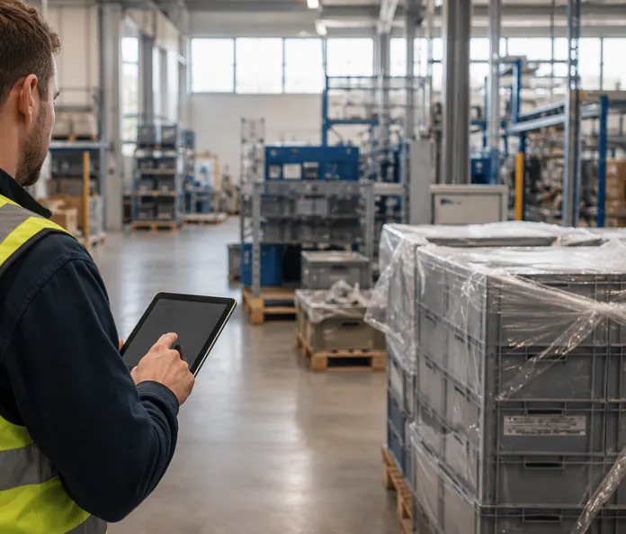 Techniker erfasst Werte direkt an der Anlage auf dem Tablet