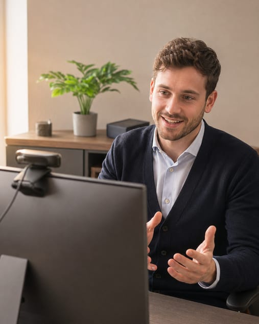 Berater erklärt im Online-Meeting den Projektablauf