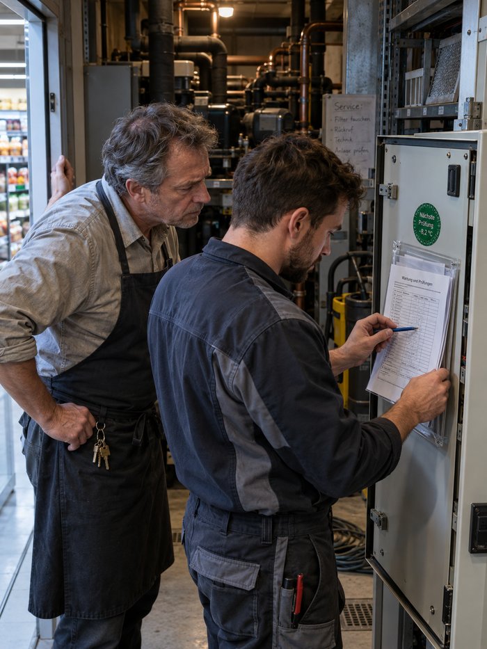 Servicetechniker zieht am Schaltschrank ein Blatt aus der Dokumententasche neben der frischen Prüfplakette