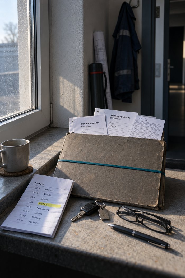 Dokumentenmappe mit Wartungsprotokollen und Terminliste auf der Fensterbank im Betriebsbüro