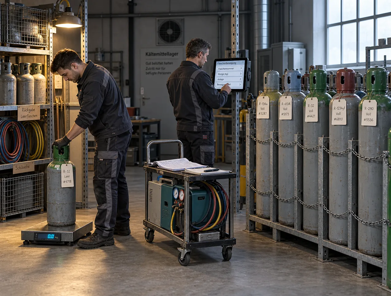 Kältemittellager mit gesicherten Druckgasflaschen und handbeschriebenen Anhängeetiketten