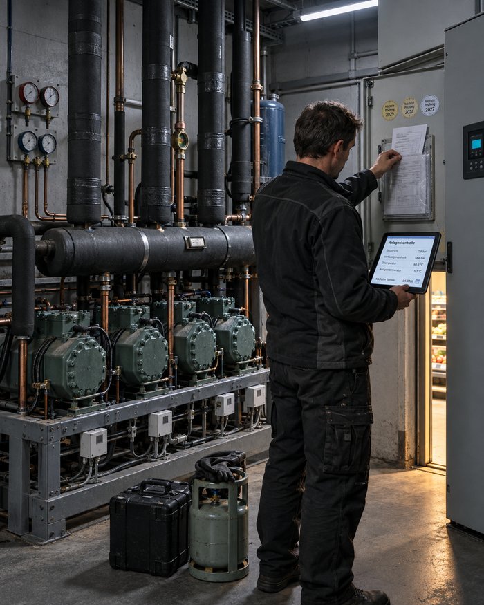 Servicetechniker vor einer Verbundkälteanlage im Maschinenraum eines Lebensmittelmarkts