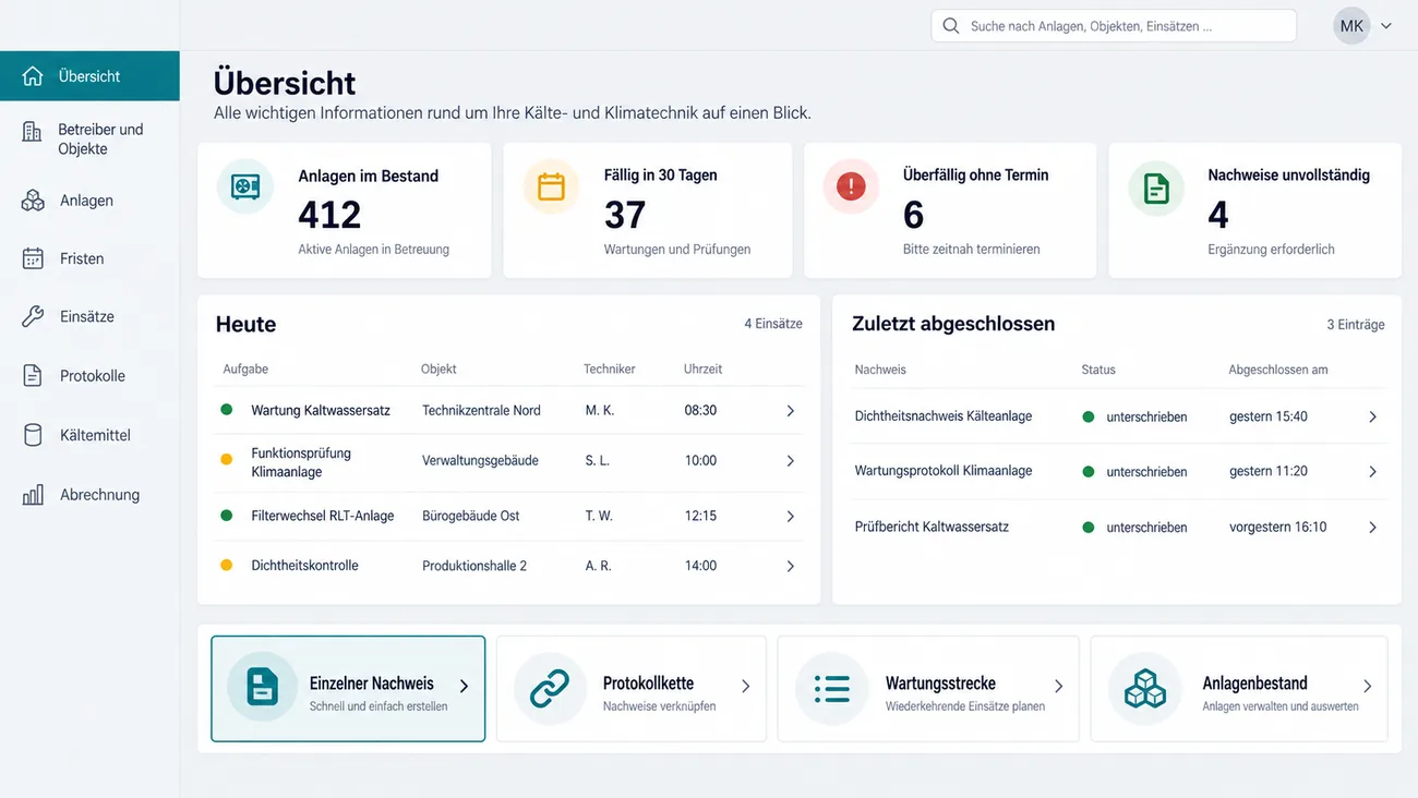 Maske: Startübersicht mit Anlagenbestand, Fälligkeiten und unvollständigen Nachweisen