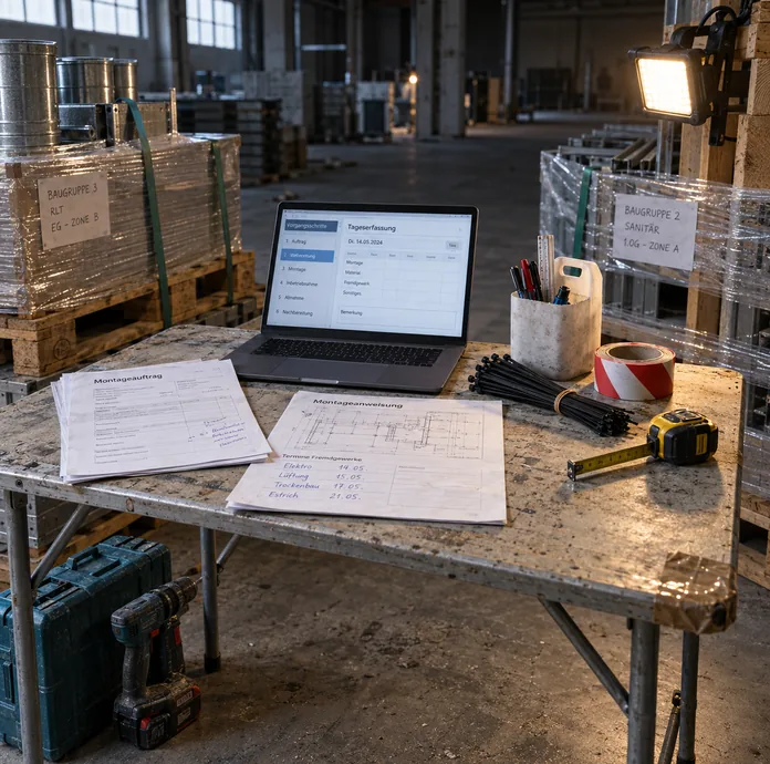 Provisorisches Montagebüro auf einem Klapptisch in einer fremden Halle