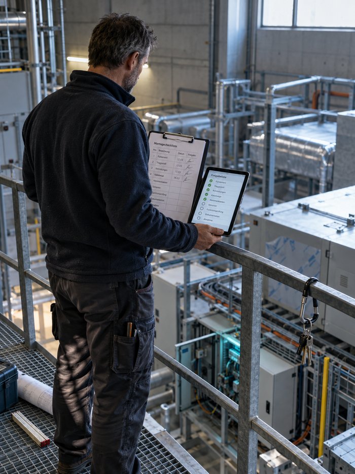 Montageleiter prüft auf der Gitterrostbühne die Montagecheckliste über der montierten Anlage