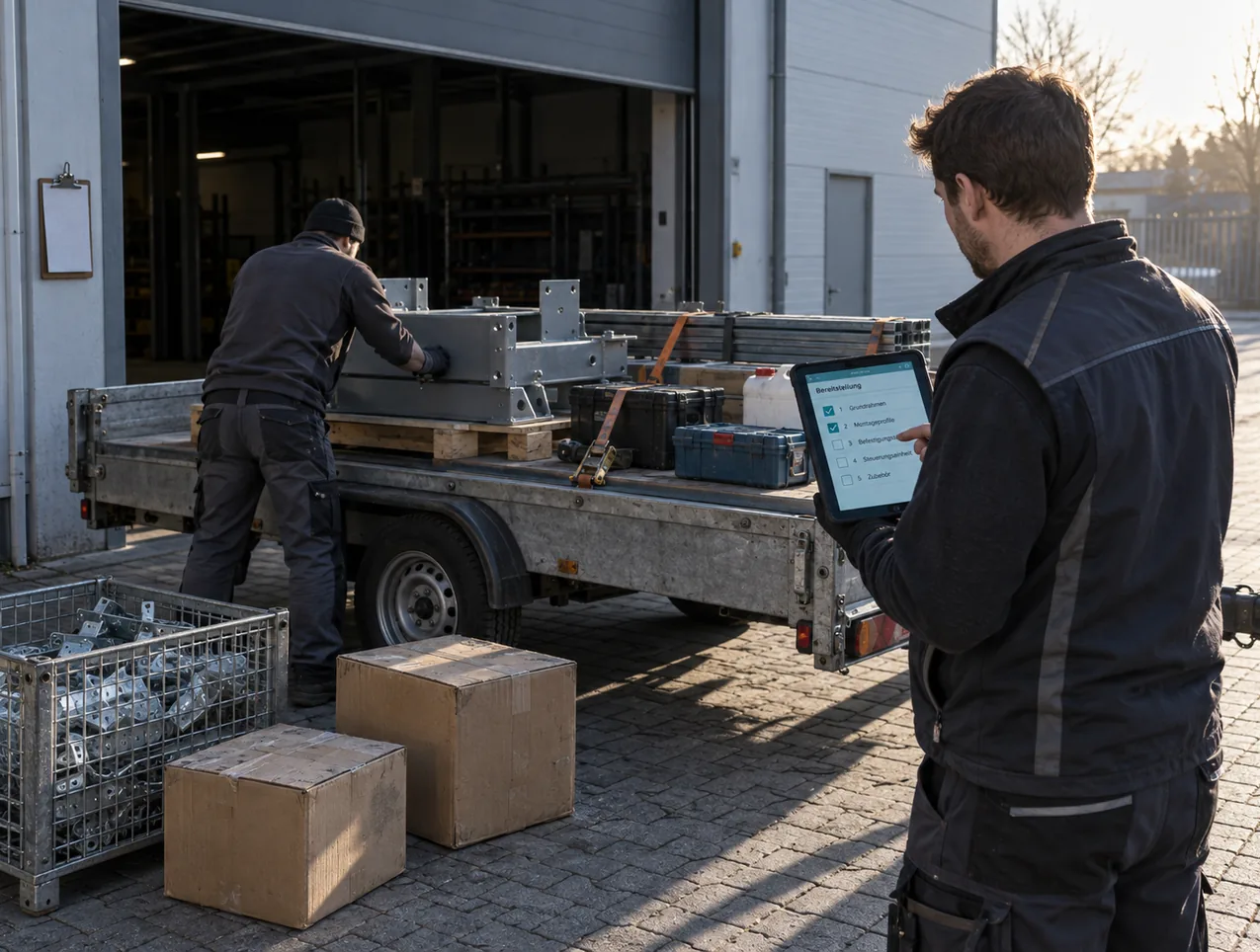Beladung am eigenen Hof: Baugruppen und Material werden Position für Position auf den Anhänger verladen