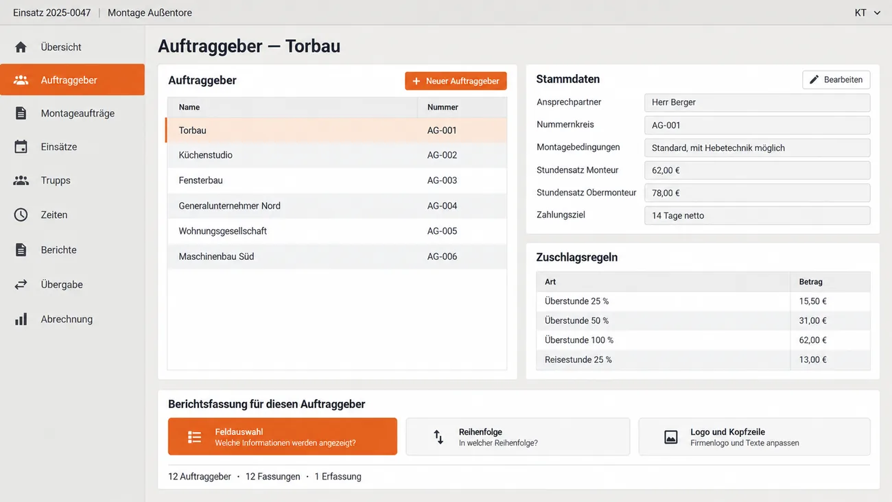 Maske: Stammsatz eines Auftraggebers mit der ihm zugeordneten Berichtsfassung