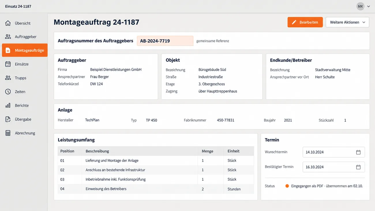 Maske: eingegangener Montageauftrag mit der Auftragsnummer des Auftraggebers als Leitnummer