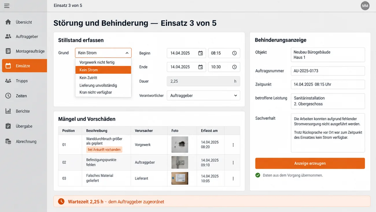 Maske: Störungs- und Behinderungserfassung eines laufenden Einsatzes
