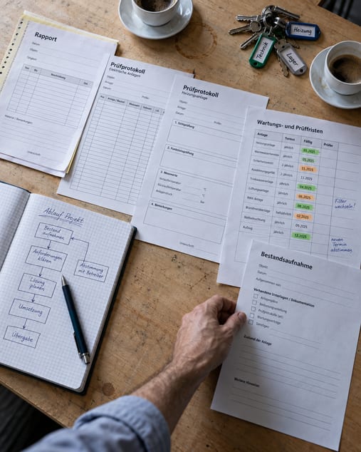 Vordrucke eines Gebäudetechnikbetriebs im Erstgespräch auf dem Besprechungstisch