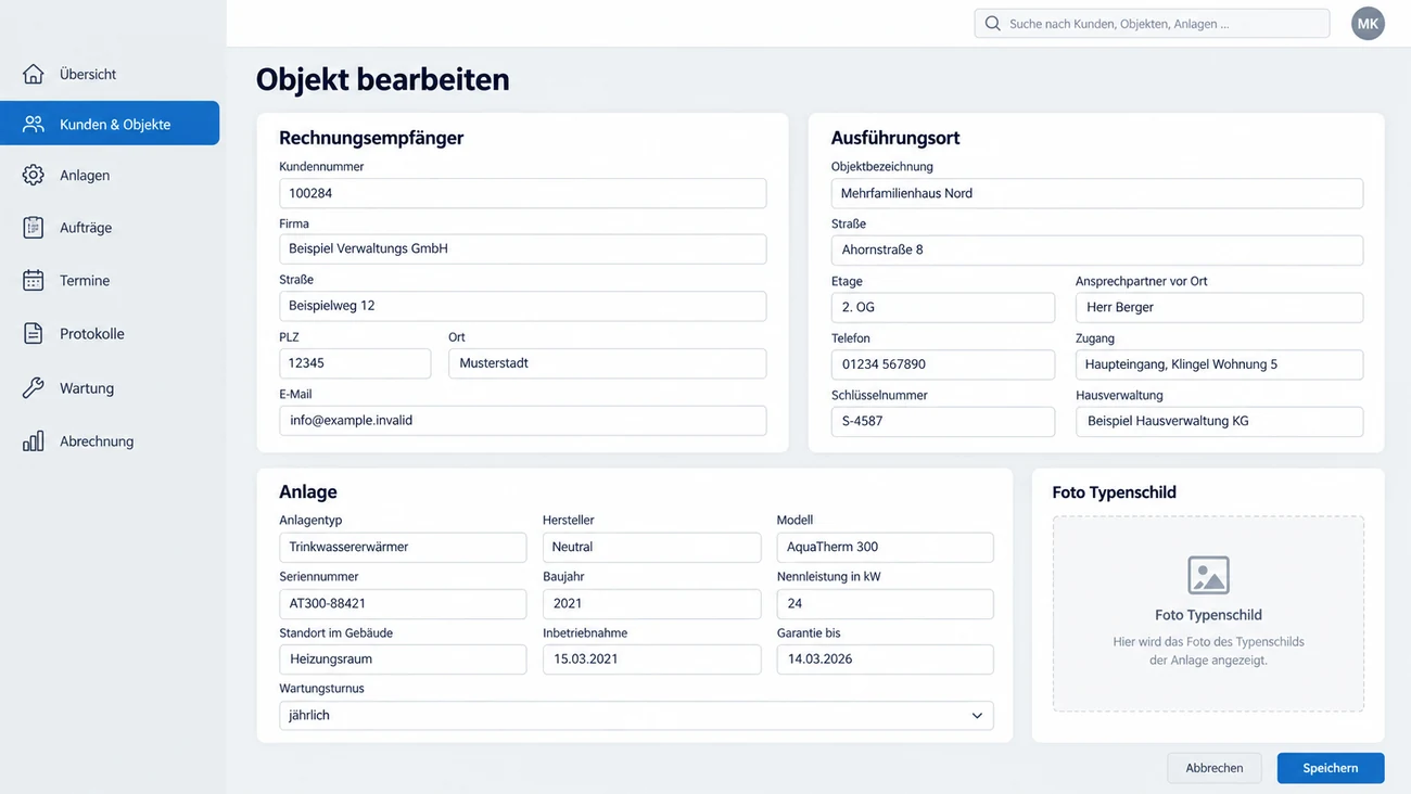 Maske: Stammdaten von Kunde, Objekt und Anlage
