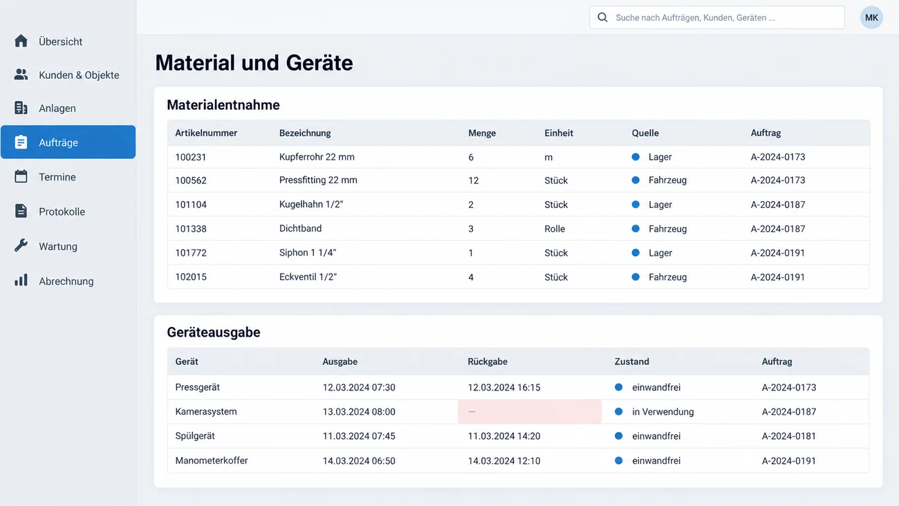 Maske: Materialentnahme und Geräteausgabe je Auftrag