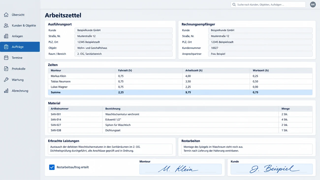 Maske: Arbeitszettel mit Zeiten, Material und Unterschriftenfeld