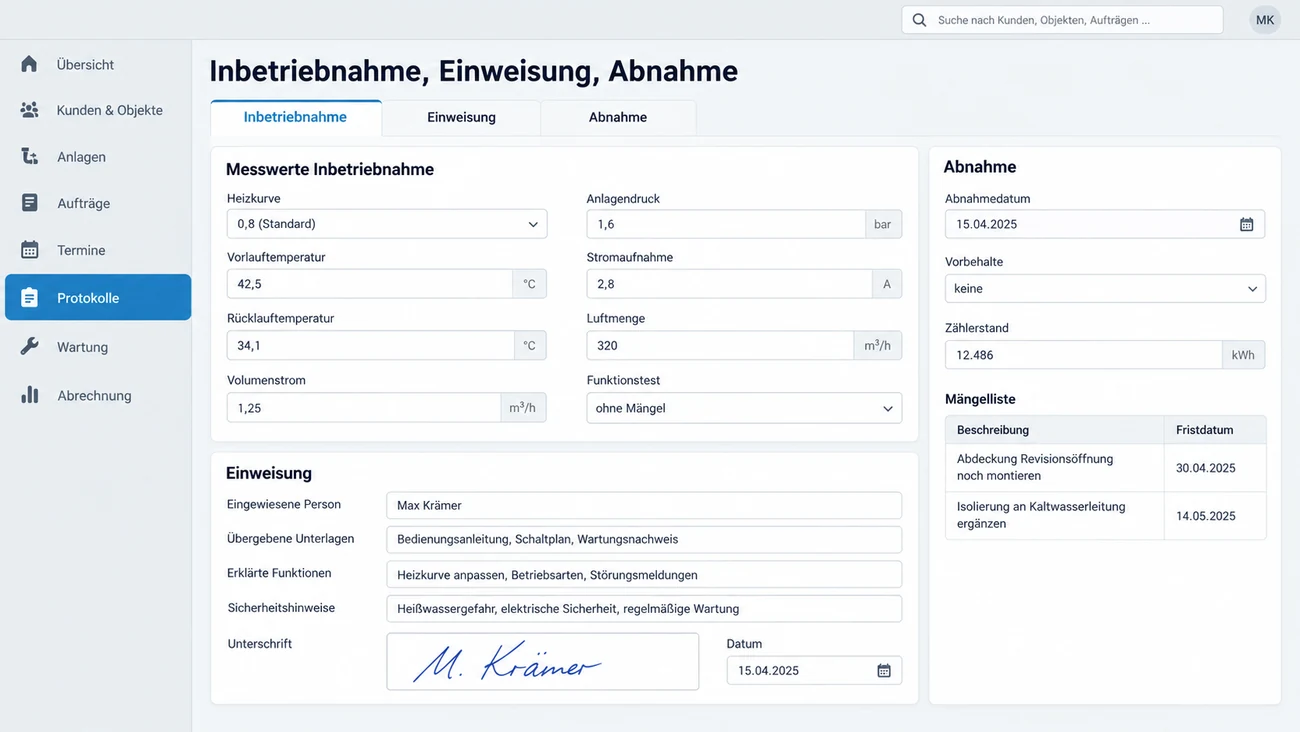 Maske: Inbetriebnahme mit Einstellwerten und Einweisungsnachweis