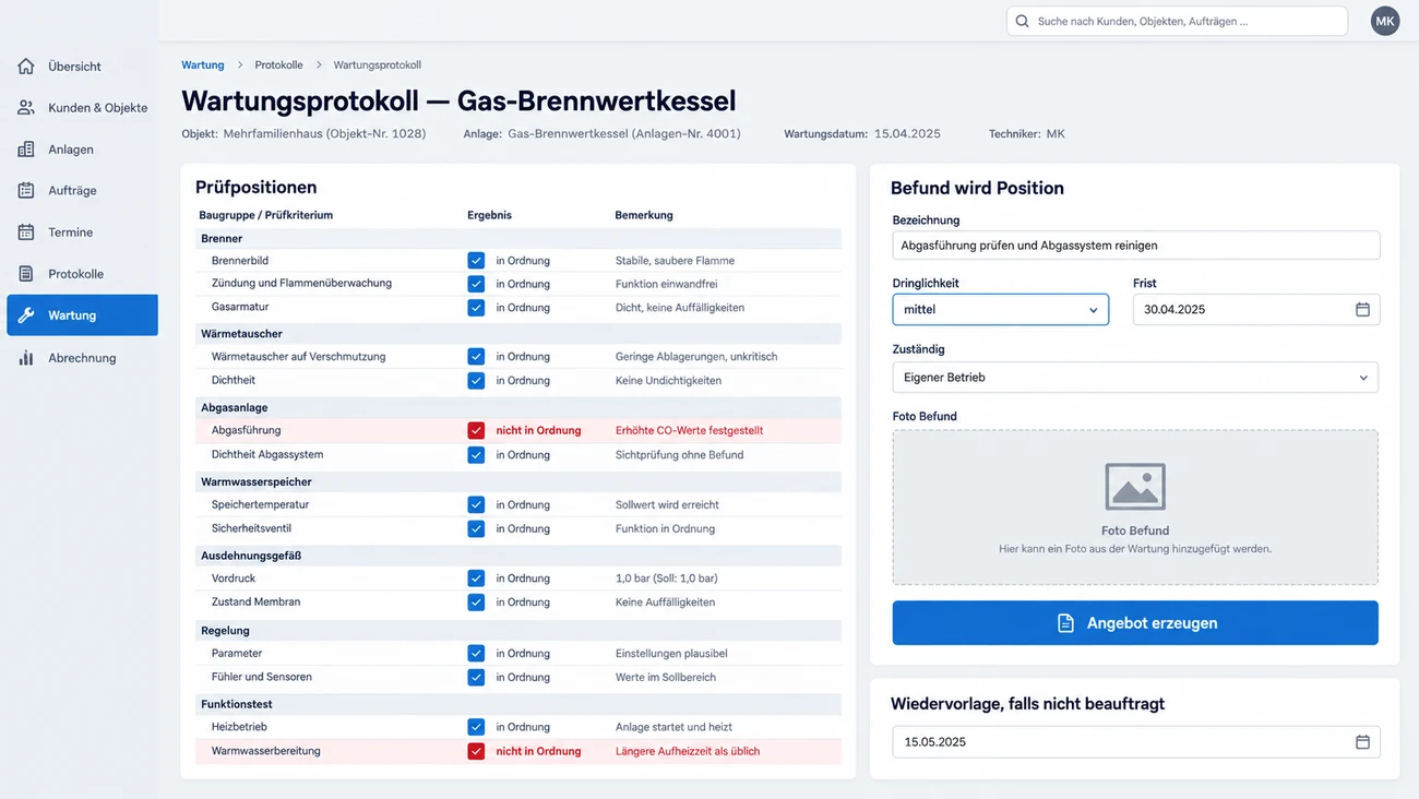 Maske: Wartungsbefund wird zur Angebotsposition