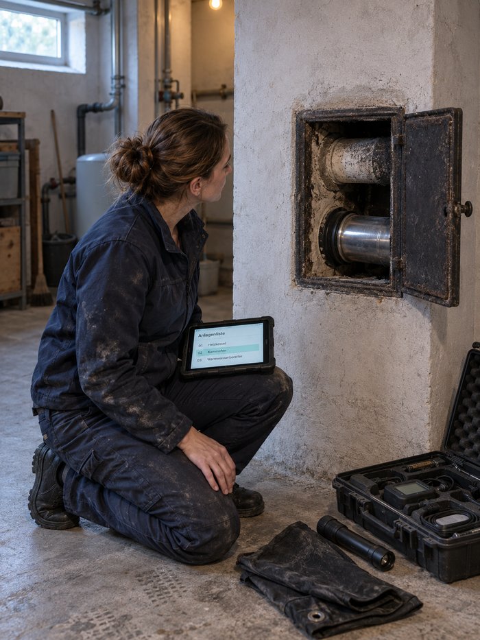 Schornsteinfegerin prüft im Kellervorraum an der geöffneten Reinigungsöffnung den Anlagenbestand