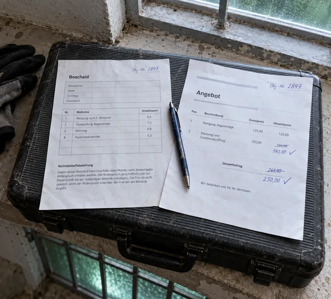 Messgerätekoffer und zwei unterschiedliche Formblätter auf einem Kellerfenstersims