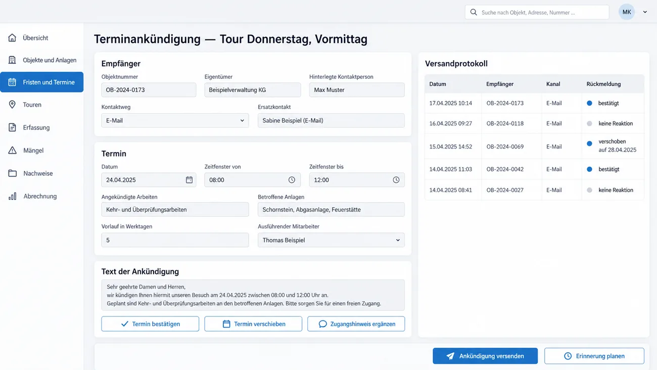 Maske: Terminankündigung mit Empfänger, Zeitfenster und Rückmeldemöglichkeit