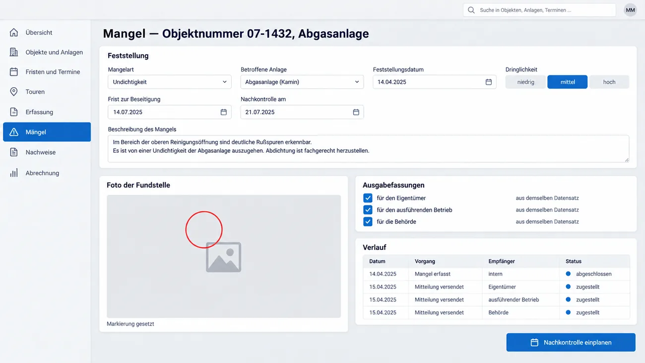 Maske: Mangelvorgang mit Mangelart, Frist, Foto und geplanter Nachkontrolle