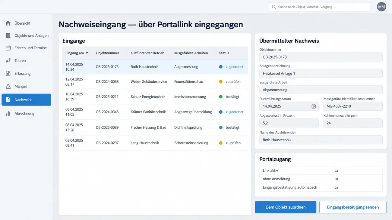 Maske: Nachweiseingang mit den über den Portallink eingegangenen Formblättern
