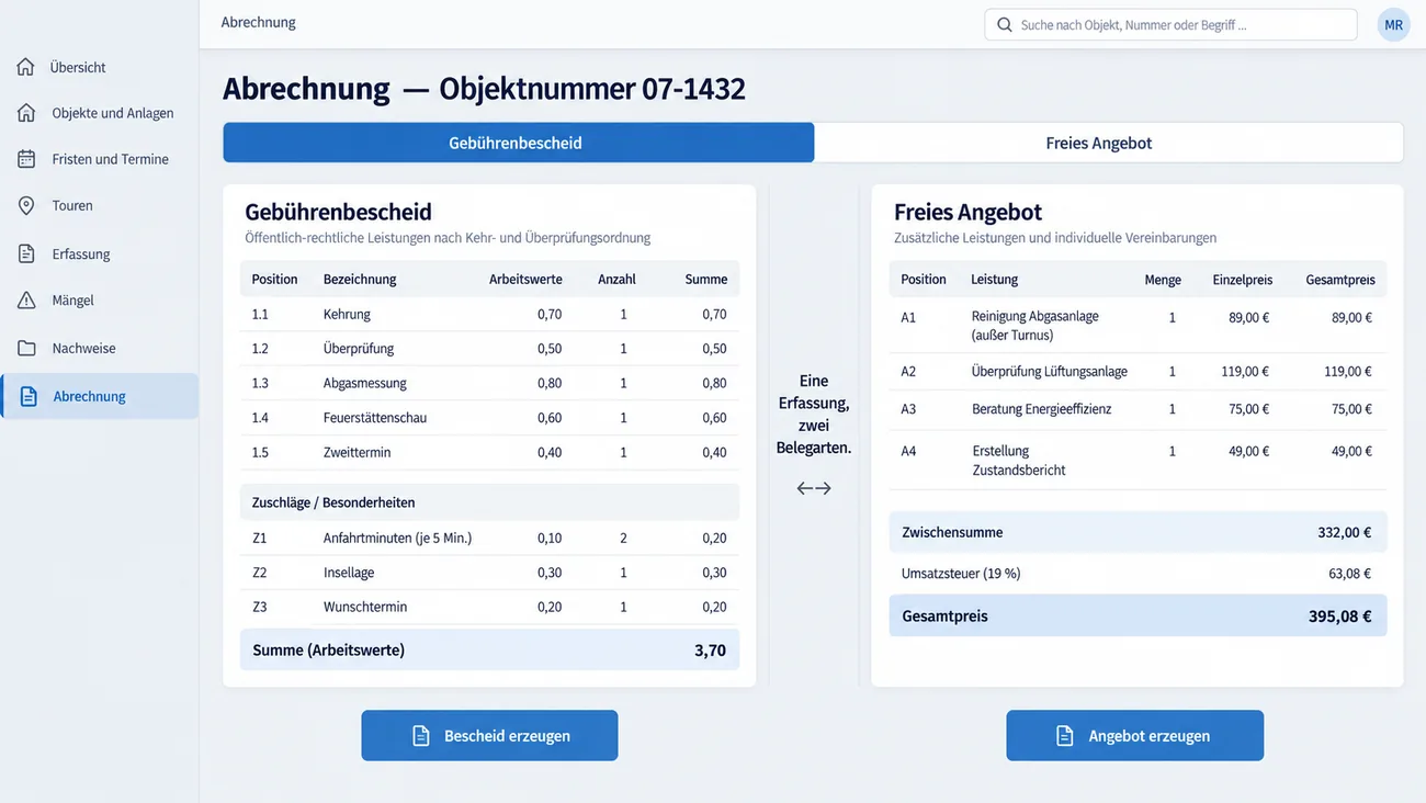 Maske: Abrechnung mit umschaltbarem Gebührenverzeichnis und freier Kalkulation