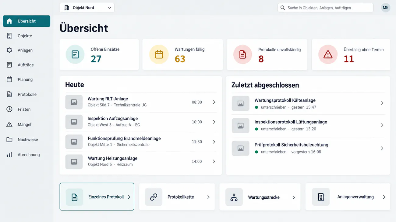 Startübersicht der Anwendung mit den Einstiegspunkten des Tagesgeschäfts