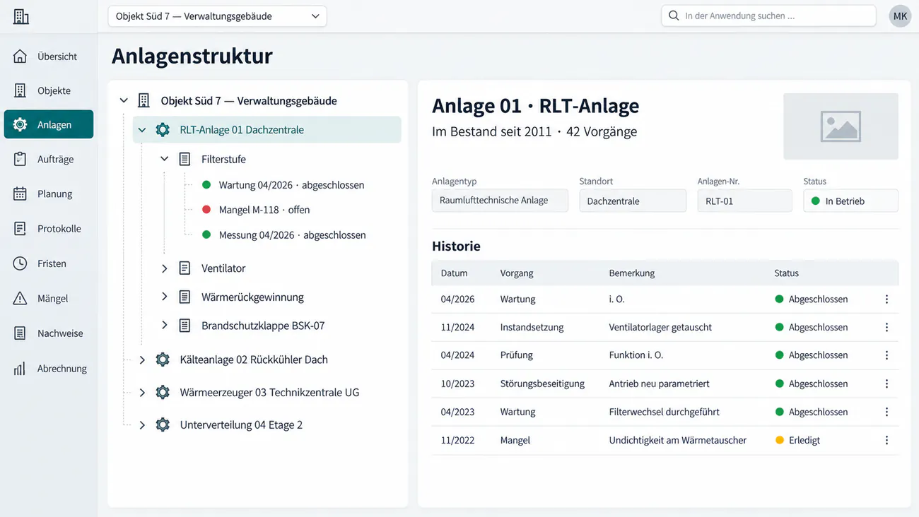 Anlagenansicht mit der Kette aus Objekt, Anlage, Prüfpunkt und Vorgang