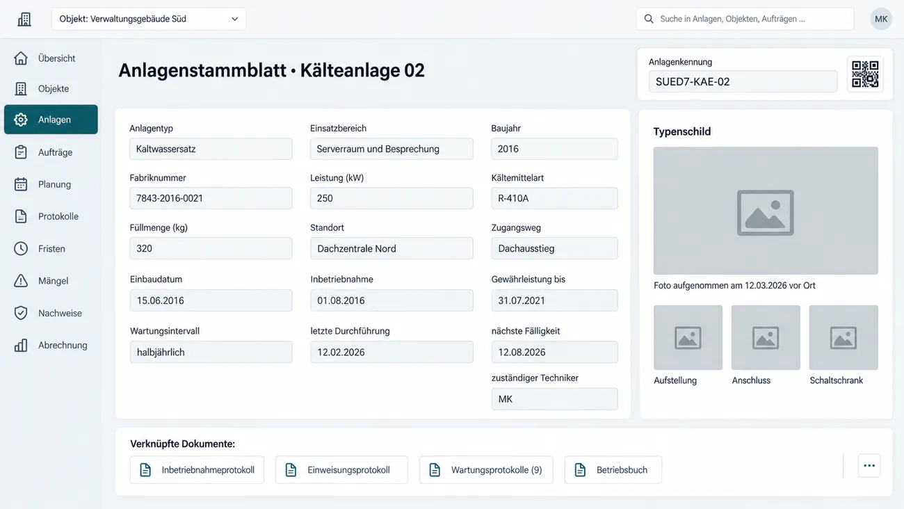 Anlagenstammblatt mit Typenschilddaten, Foto und eindeutiger Kennung