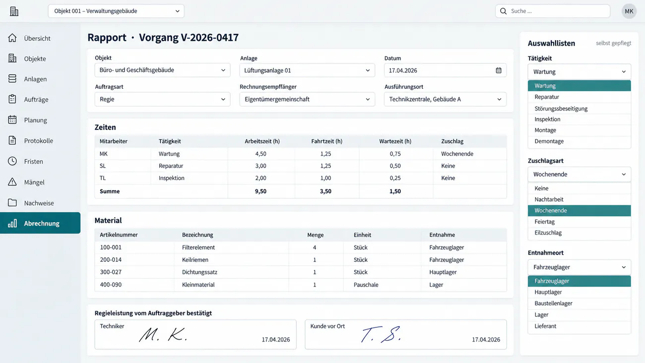Rapportmaske mit Zeiten je Mann, Zuschlägen und verbautem Material