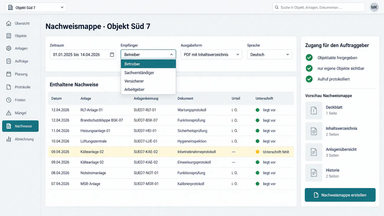 Nachweismappe mit Anlagenkennung, Messwerten, Urteil und Historie
