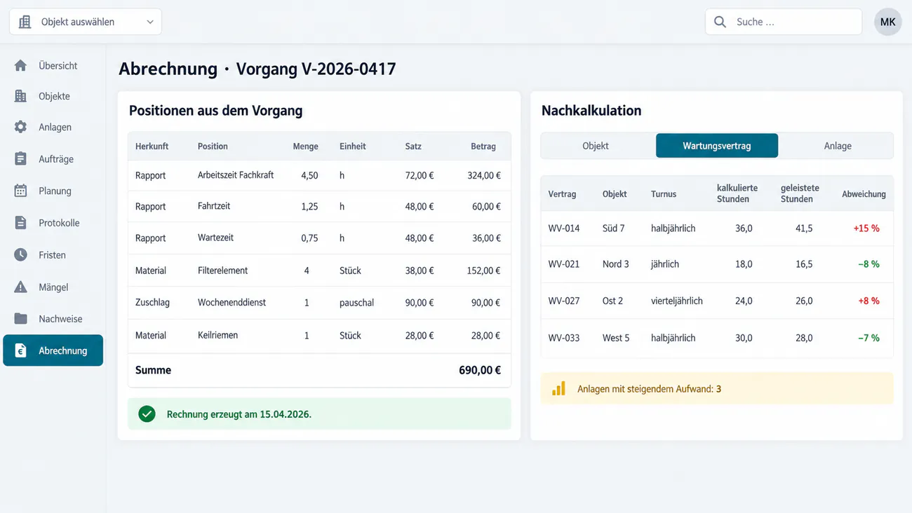 Abrechnungsmaske mit Zeiten, Material und Nachkalkulation je Objekt