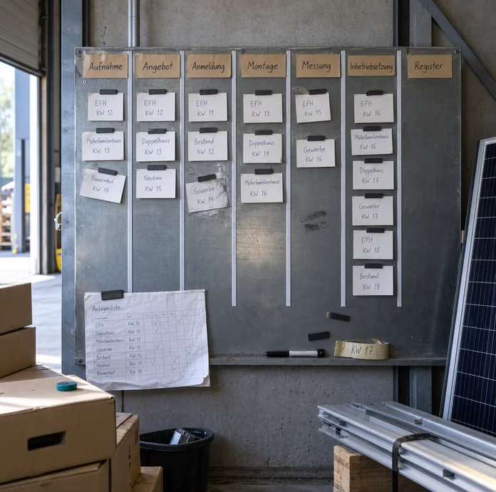 Magnettafel in der Lagerhalle mit den sieben handbeschrifteten Projektspalten des Betriebs