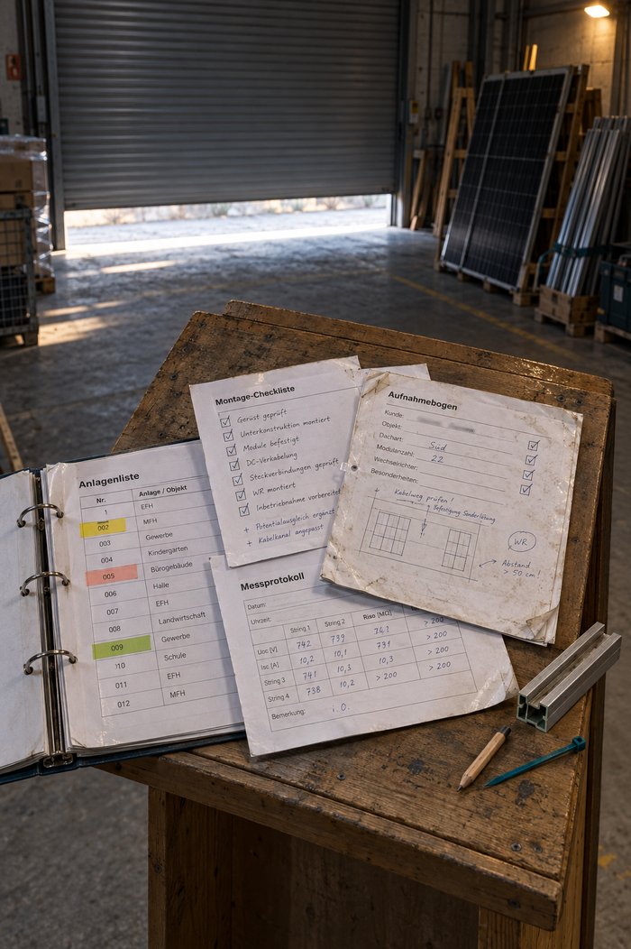 Aufnahmebogen, Checkliste, Messprotokoll und Anlagenliste gefächert auf einem Stehpult