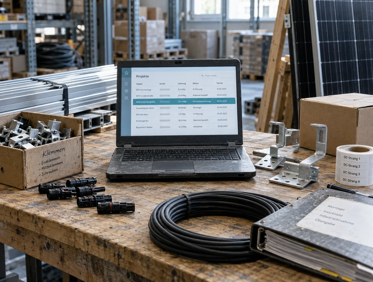 Kommissionierplatz in der Lagerhalle mit aufgeklapptem Notebook und der Projektliste zwischen dem Material