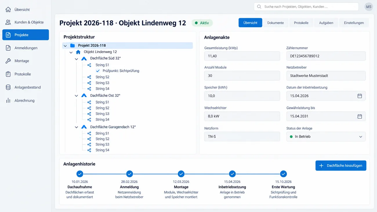 Maske: Projektstruktur neben der Anlagenakte mit Objekt, Dachfläche und String