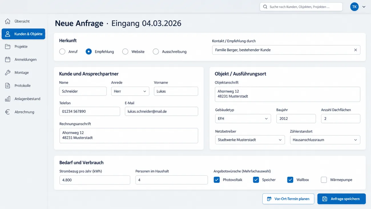 Maske: Anlage einer neuen Anfrage mit Herkunft, Kontakt und Objektdaten