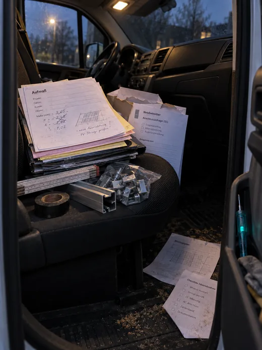 Liegengebliebene Unterlagen auf dem Beifahrersitz eines Servicefahrzeugs am Abend