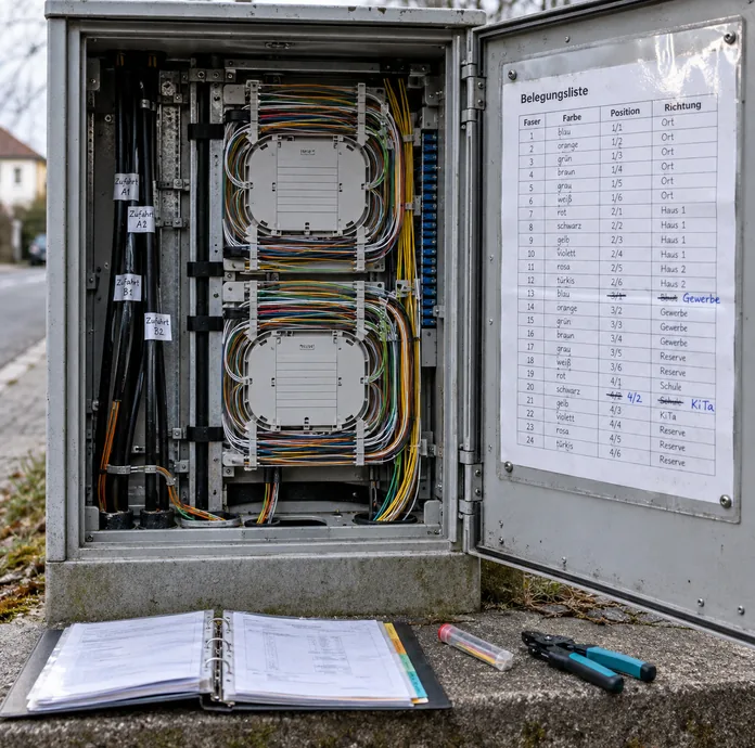 Geöffneter Kabelverteilerschrank mit sauber gelegten Faserbögen und beschrifteten Rangierschnüren