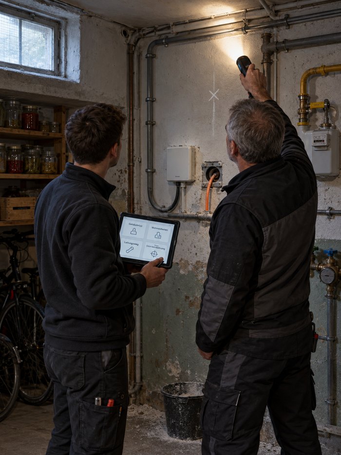 Monteur und Kollege besprechen im Keller eines Mehrfamilienhauses den Leitungsweg