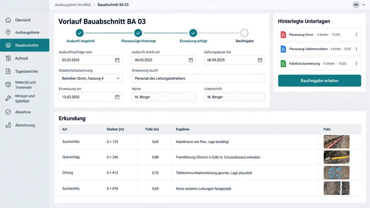 Maske: Vorlauf eines Bauabschnitts mit Leitungsauskunft, Planauszügen und Einweisung