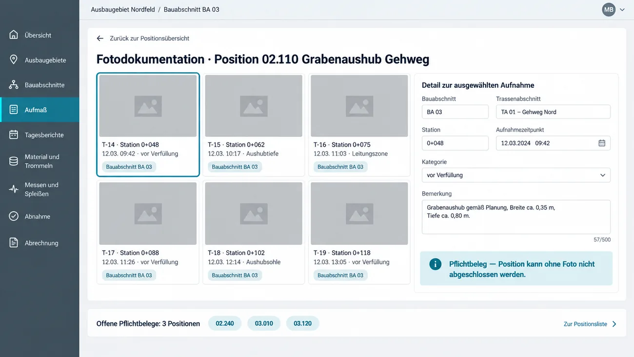 Maske: Fotodokumentation, die direkt an der abzurechnenden Position hängt