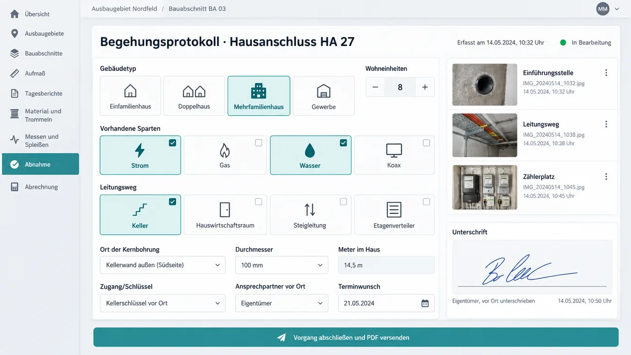 Maske: tastaturfreier Begehungsbogen für den Hausanschluss