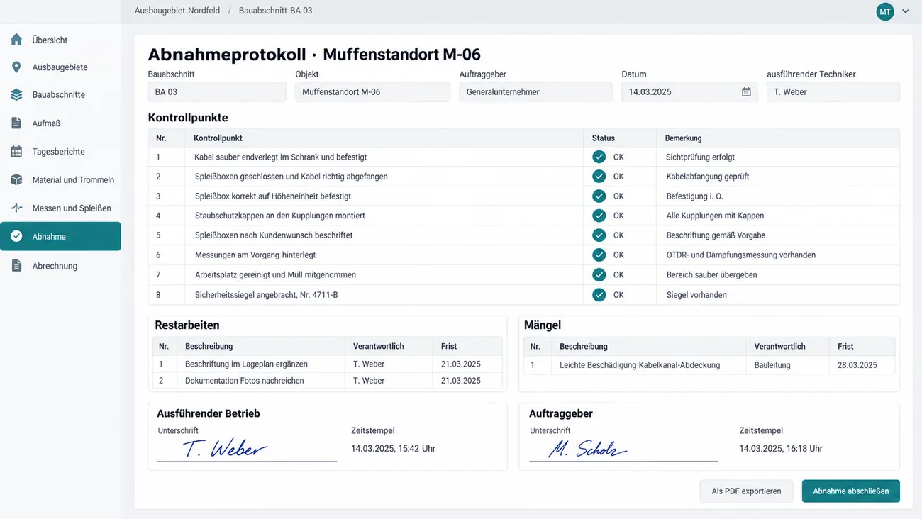 Maske: Abnahmeprotokoll mit den Kontrollpunkten des eigenen Betriebs