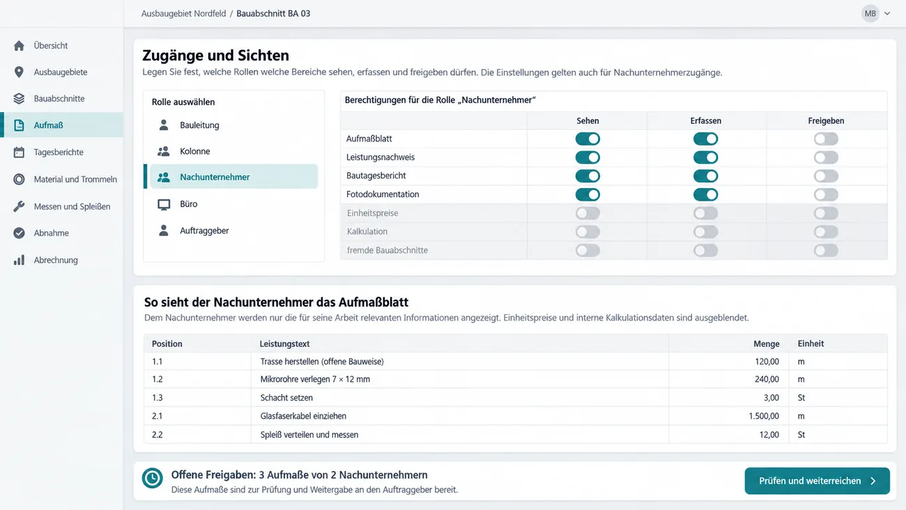Maske: Rollen- und Sichtbarkeitssteuerung für Nachunternehmerzugänge