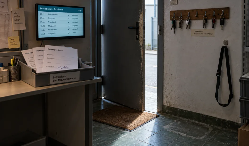 Warenhintereingang einer Apotheke mit halb offener Hoftür: links ein Ablagefach mit unterschriebenen Empfangsnachweisen des Botendienstes unter einem Bildschirm mit der fast abgehakten Tourliste, rechts ein Schlüsselbrett mit einem freien Haken, ein leerer Tragegurt und auf den Fliesen der Abdruck einer Kühlbox