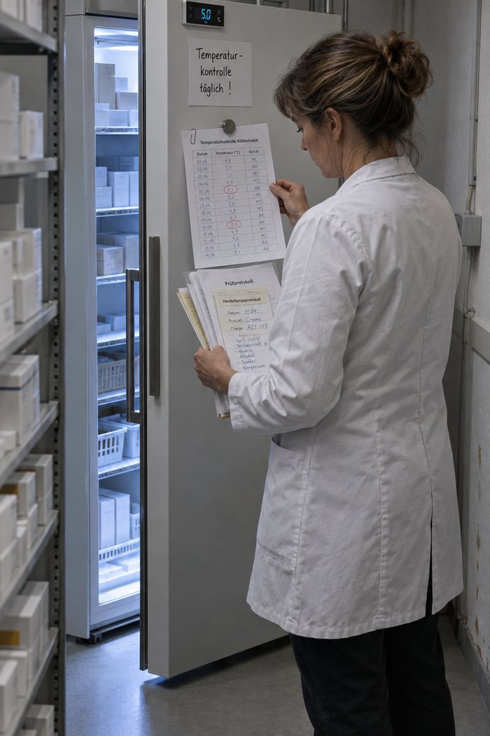 Lagerraum einer Apotheke: Eine Apothekerin im weißen Kittel steht am halb geöffneten Arzneimittelkühlschrank und liest das Temperaturkontrollblatt an der Tür mit zwei rot umkringelten Werten, in der anderen Hand Prüfprotokolle und ein Herstellungsprotokoll, links ein Regal mit Faltschachteln