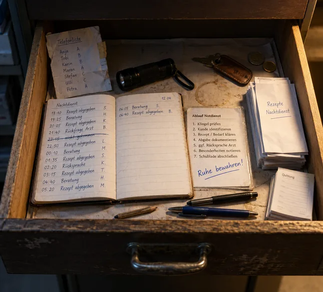 Herausgezogene Holzschublade des Nachtdienstes: ein aufgeschlagenes Kladdenheft mit handschriftlichen Uhrzeiten, Vorgängen und Kürzeln, eine laminierte Karte mit der getippten Schrittfolge für den Notdienst, Rezeptumschläge, Quittungsblock, Taschenlampe, Schlüssel mit Lederanhänger und eine mit Klebeband geflickte Telefonliste aus Vornamen