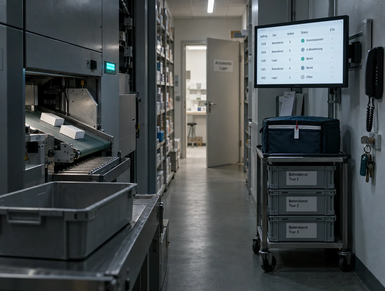 Betriebsgang einer Apotheke: links der Kommissionierautomat mit Einlaufband, zwei Faltschachteln und einer leeren Transportwanne, rechts ein Wandbildschirm mit der Vorgangsliste für Lager und Botendienst, darunter ein Rollwagen mit versiegelter Kühltasche und drei Kisten für die Botendiensttouren