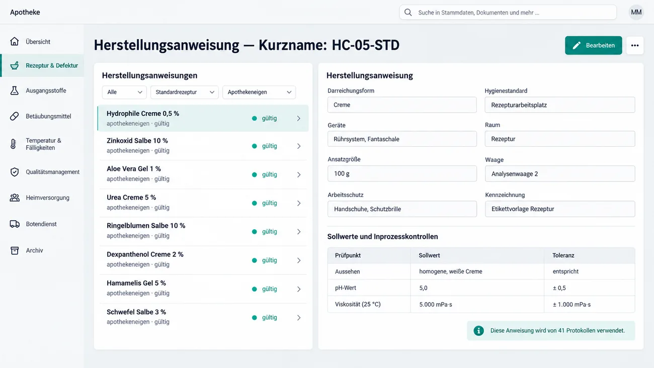 Maske: hinterlegte Herstellungsanweisung mit Kurzname, der Liste aller Anweisungen mit Filter nach Standardrezeptur und apothekeneigen, den Angaben von Darreichungsform, Hygienestandard und Geräten bis Waage, Arbeitsschutz und Kennzeichnung sowie der Tabelle der Sollwerte und Inprozesskontrollen